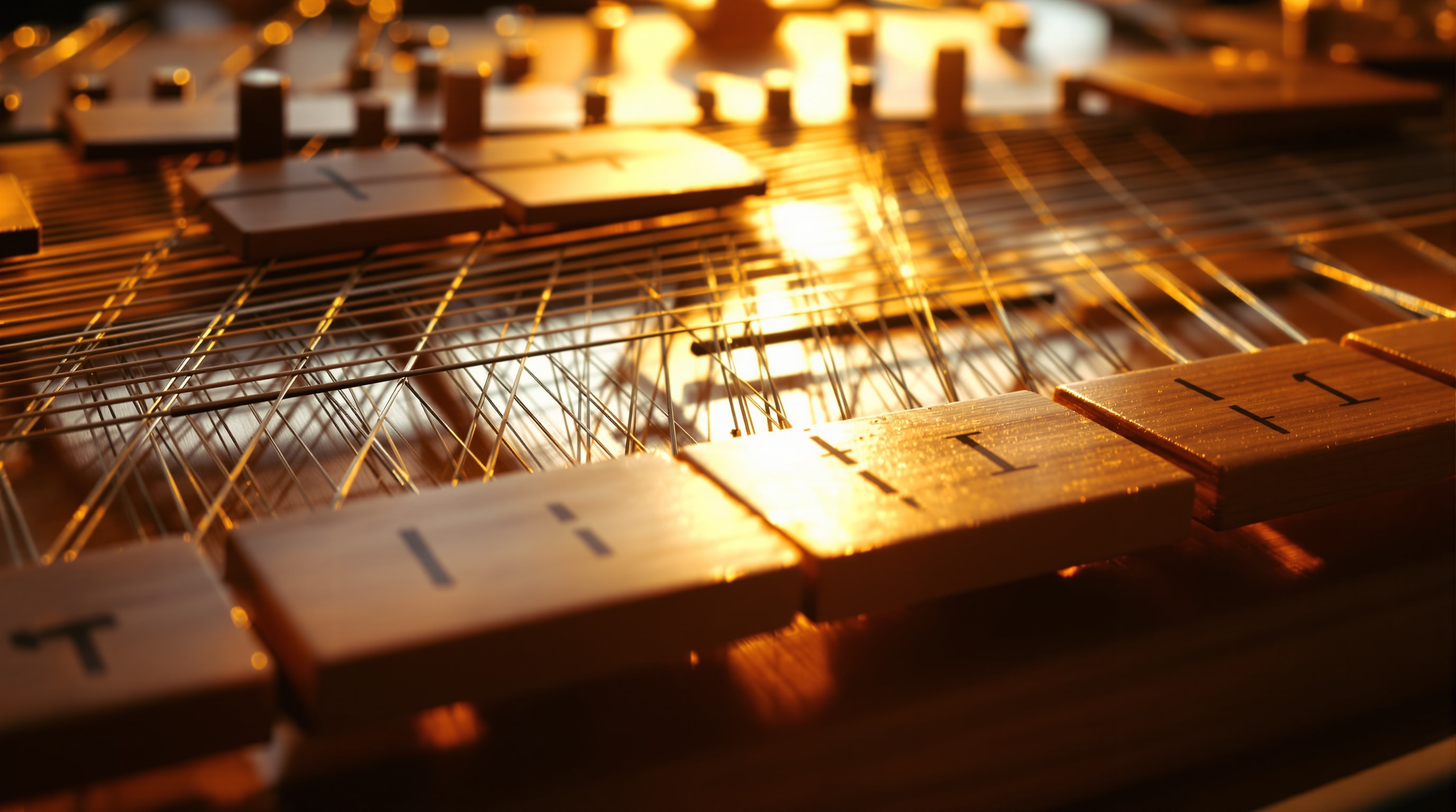 Close-up of a cimbalom hammered dulcimer with beaters resting on its strings