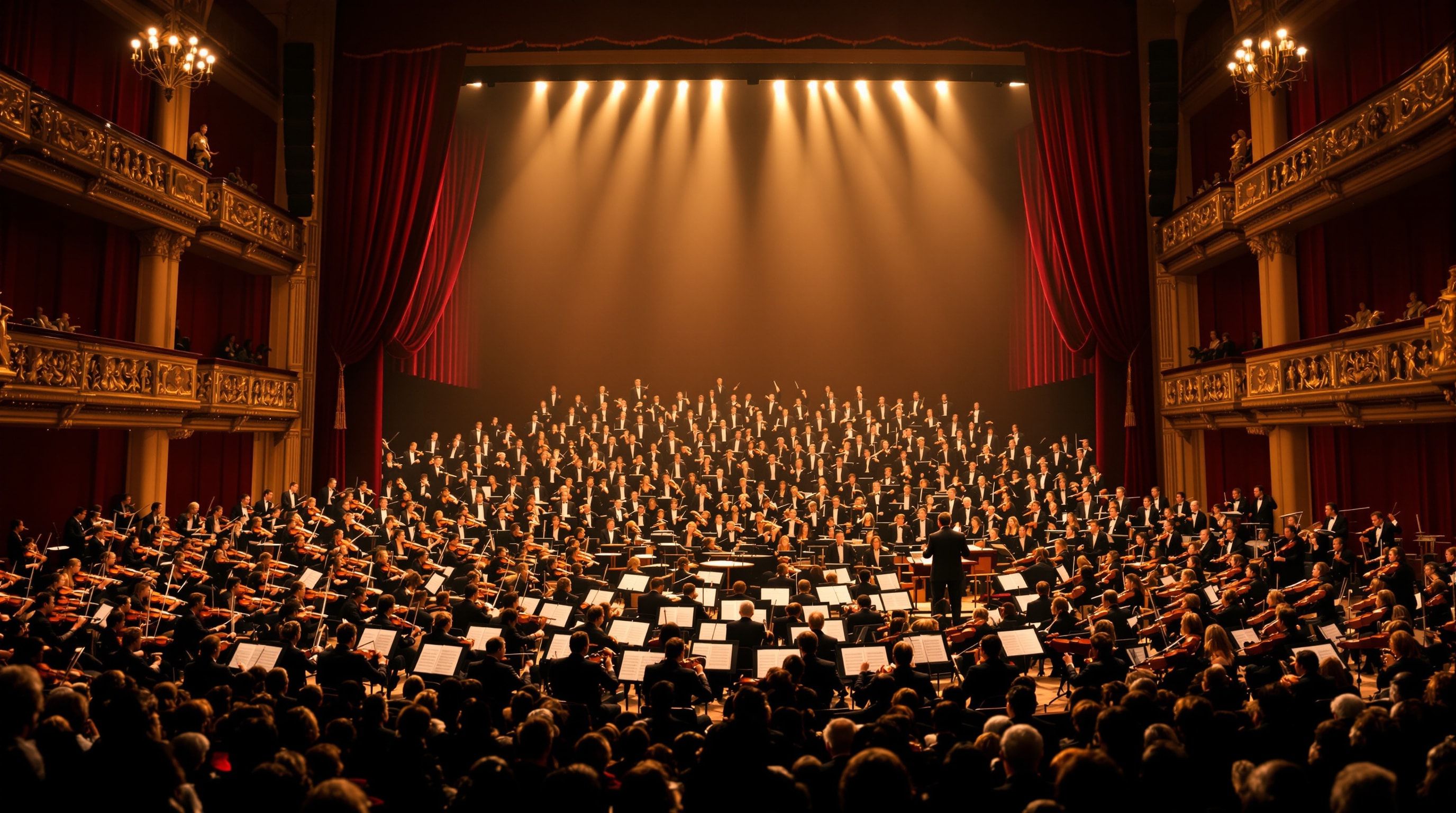 A massed string orchestra of dozens of violinists on a warmly lit concert-hall stage