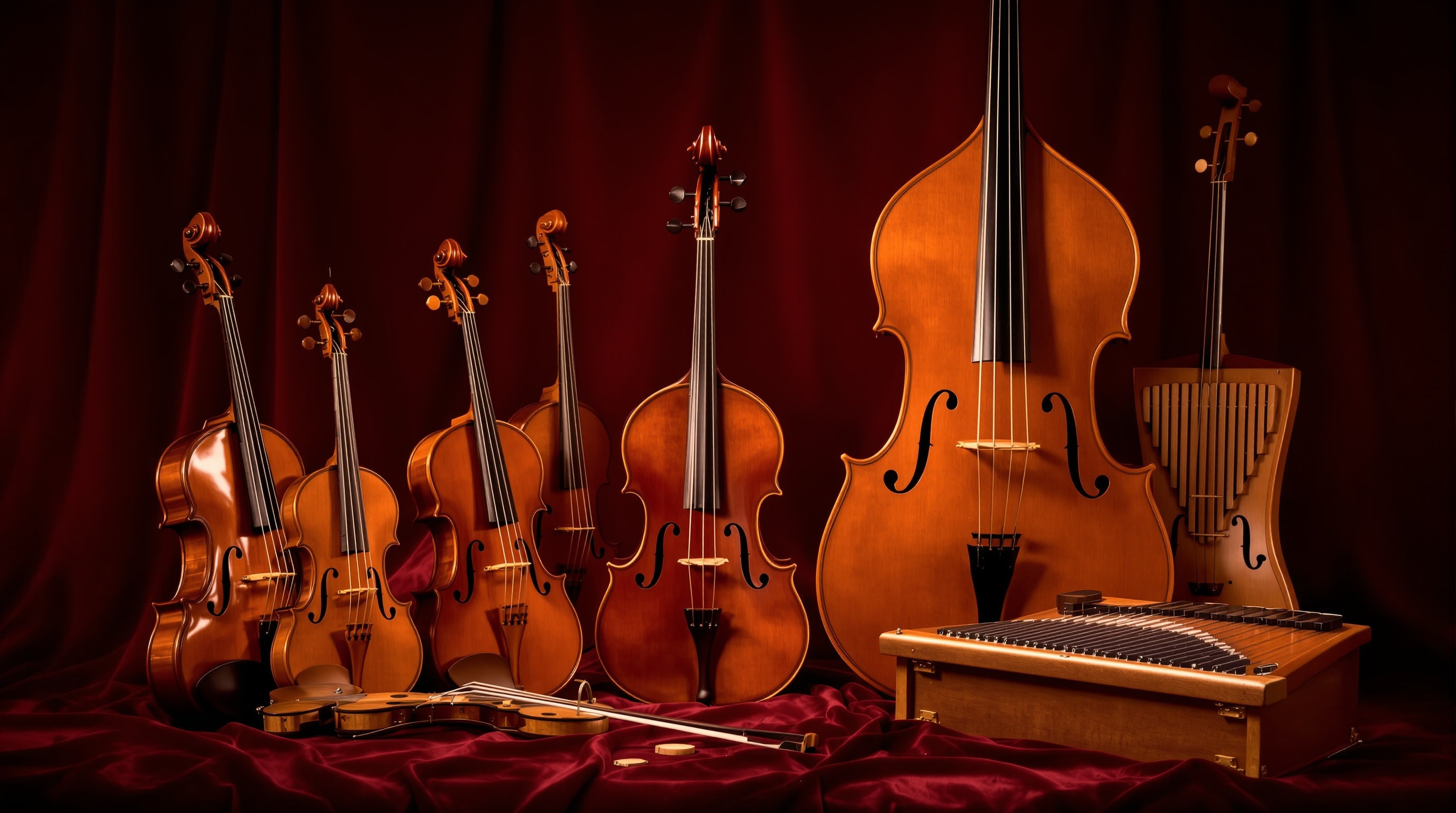 String instruments and a cimbalom arranged in warm light against burgundy velvet