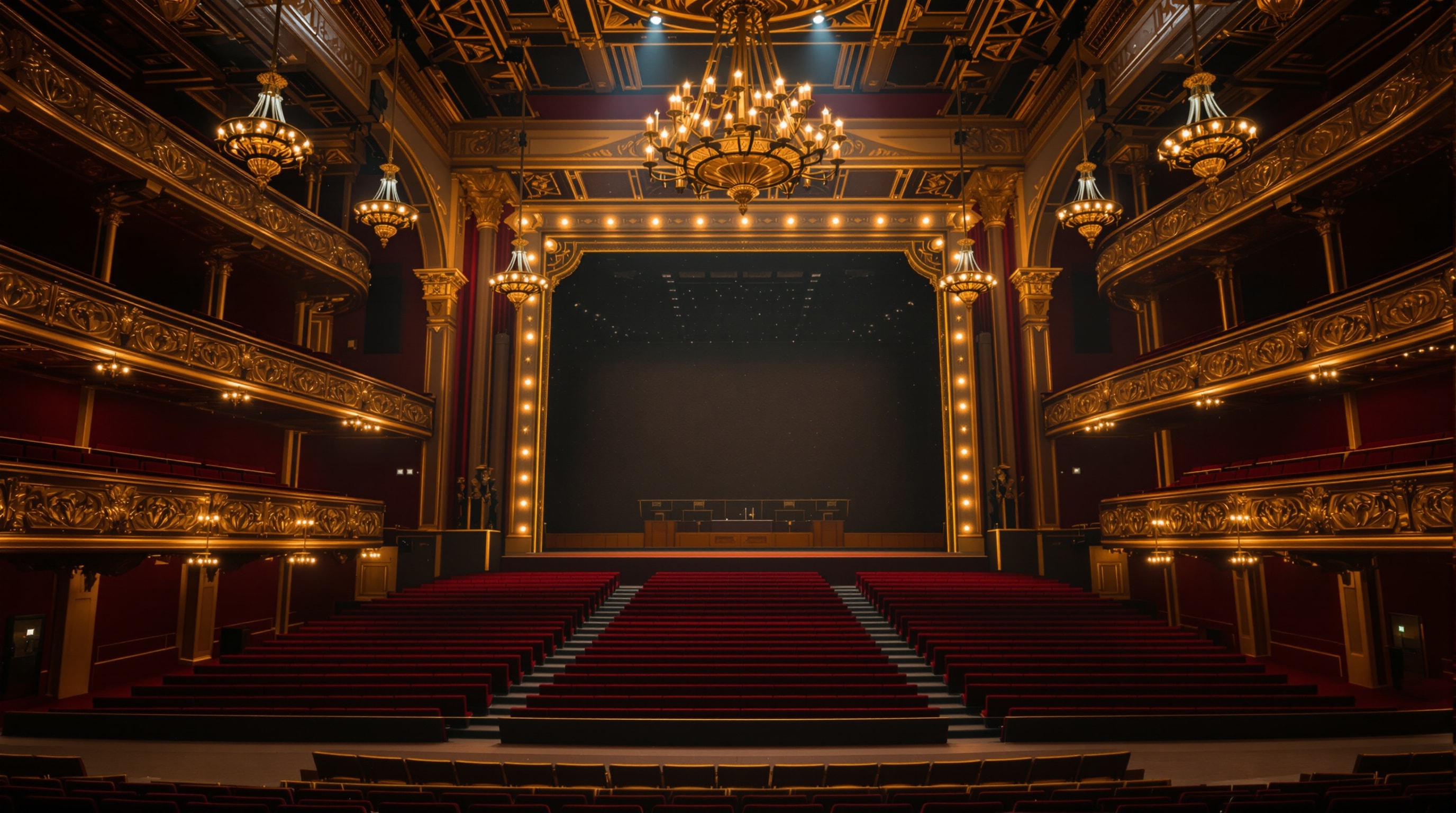 The interior of an ornate gilded concert hall glowing with warm light