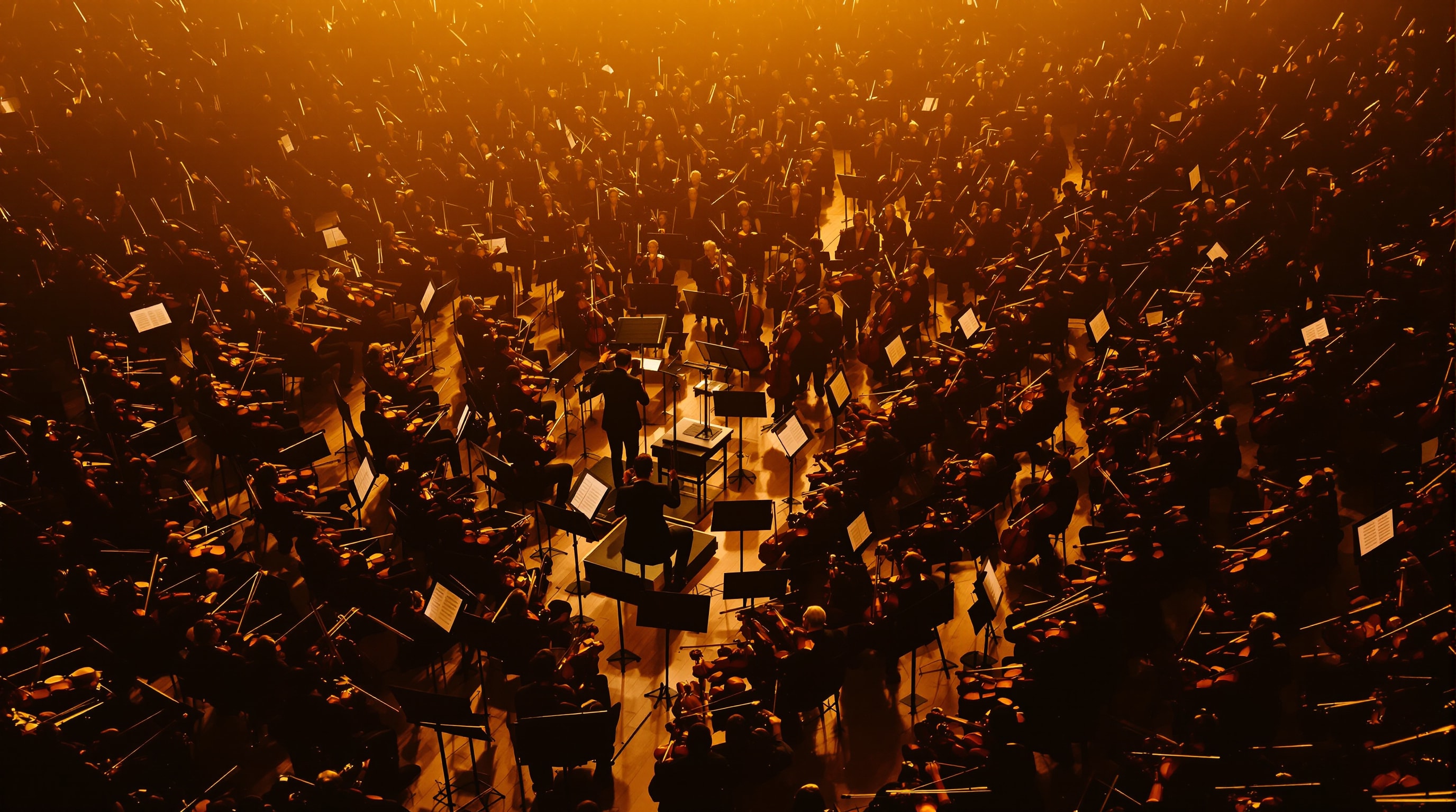 Overhead view of a large string orchestra forming a sea of violins and bows
