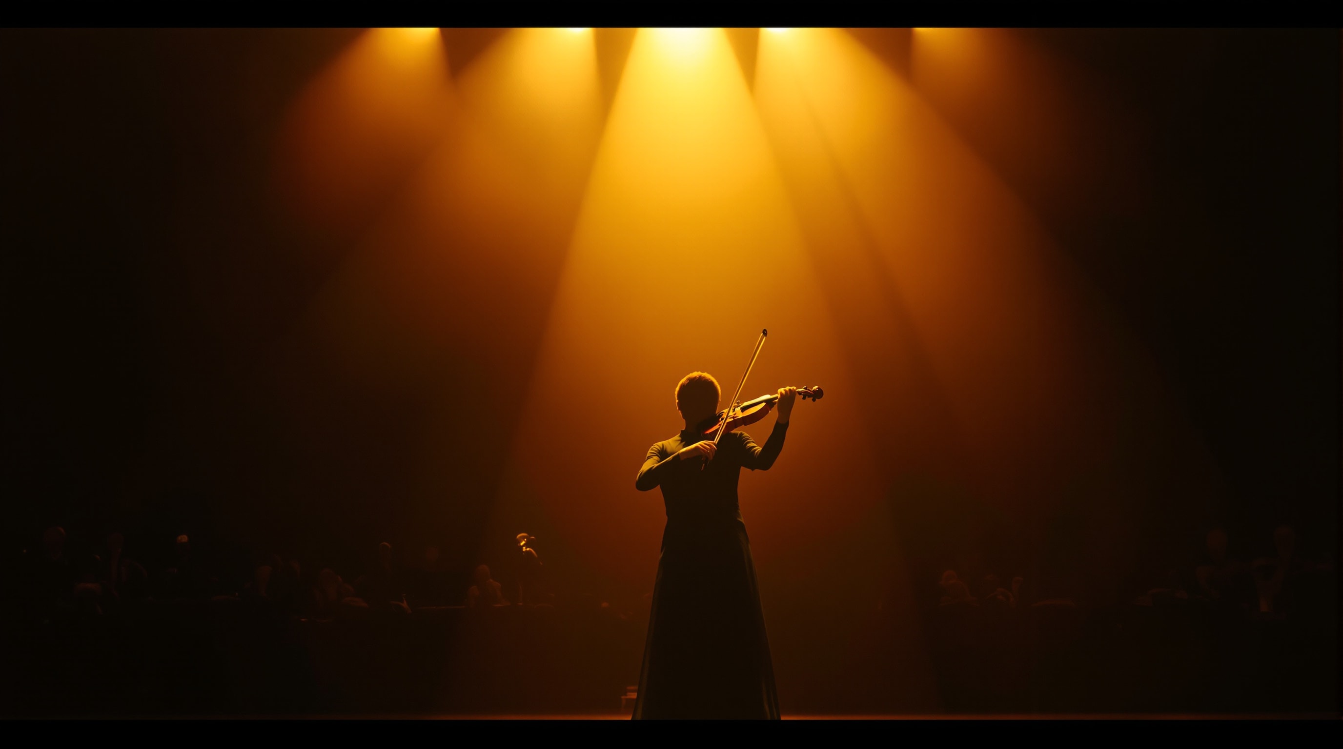 A solo violinist in a golden spotlight leading a shadowed orchestra behind