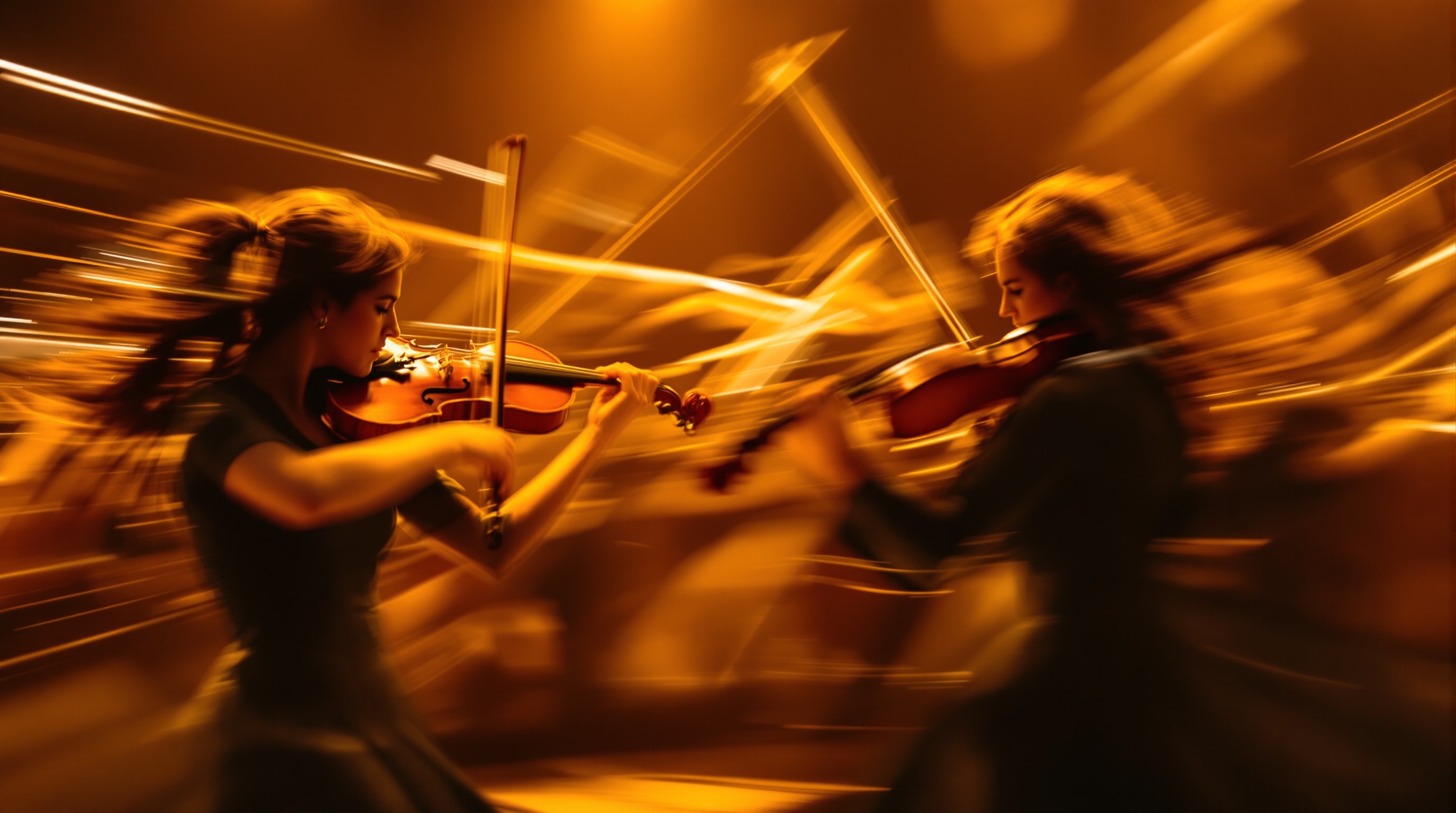 Violinists mid-performance with bows in motion under warm concert lighting