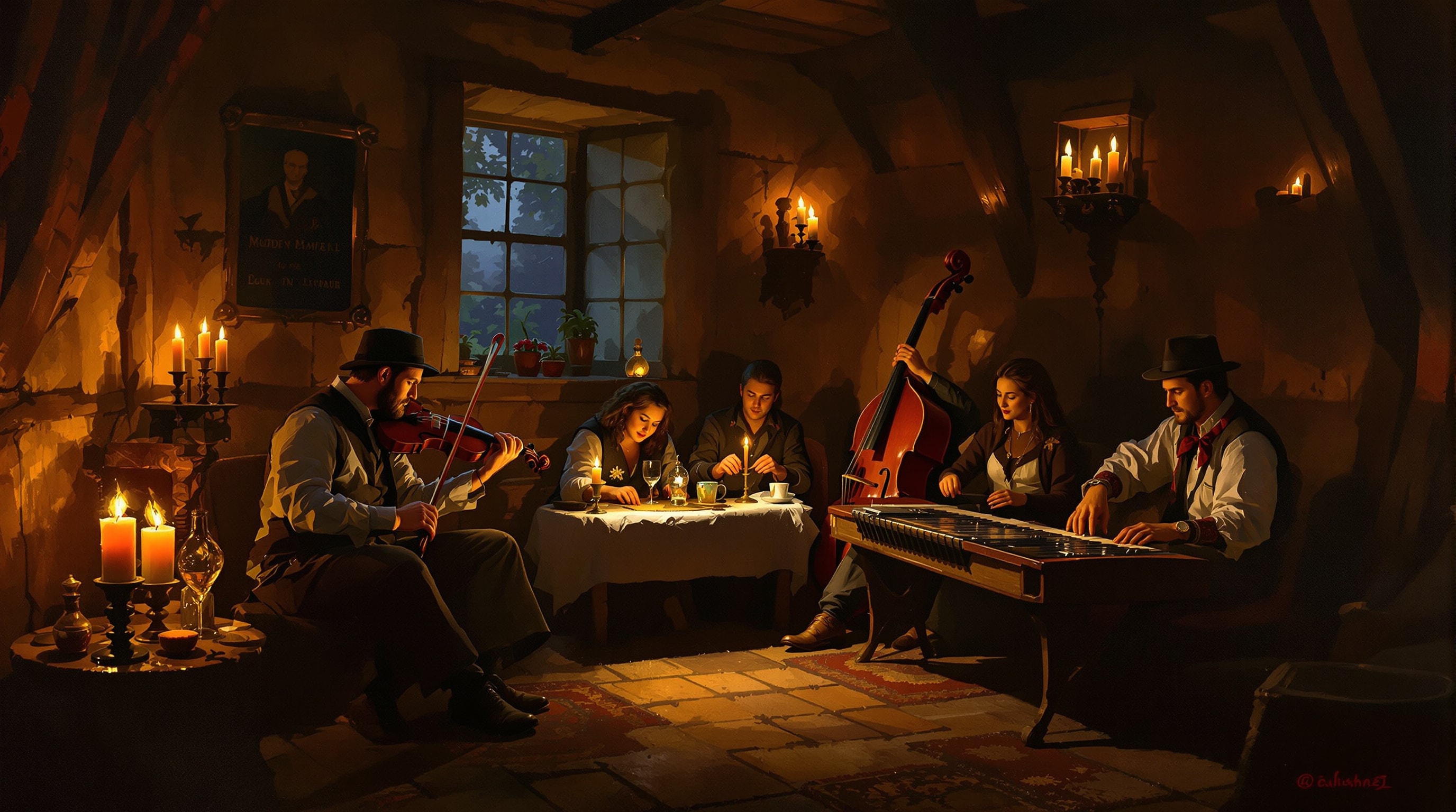 Folk musicians gathered in warm lamplight in a rustic setting