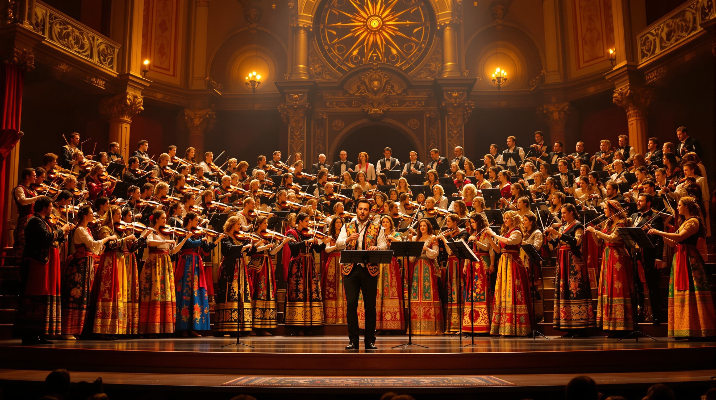 A large ensemble in traditional costume performing on an ornate stage under warm golden light