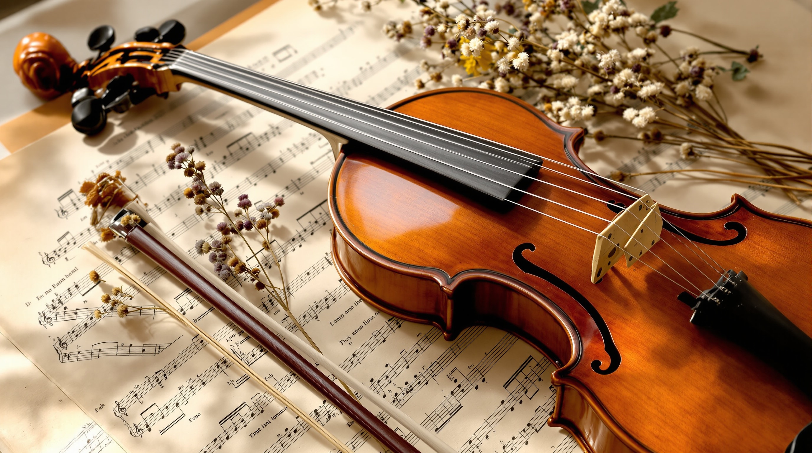 A violin resting on old sheet music in warm light, with a bow alongside